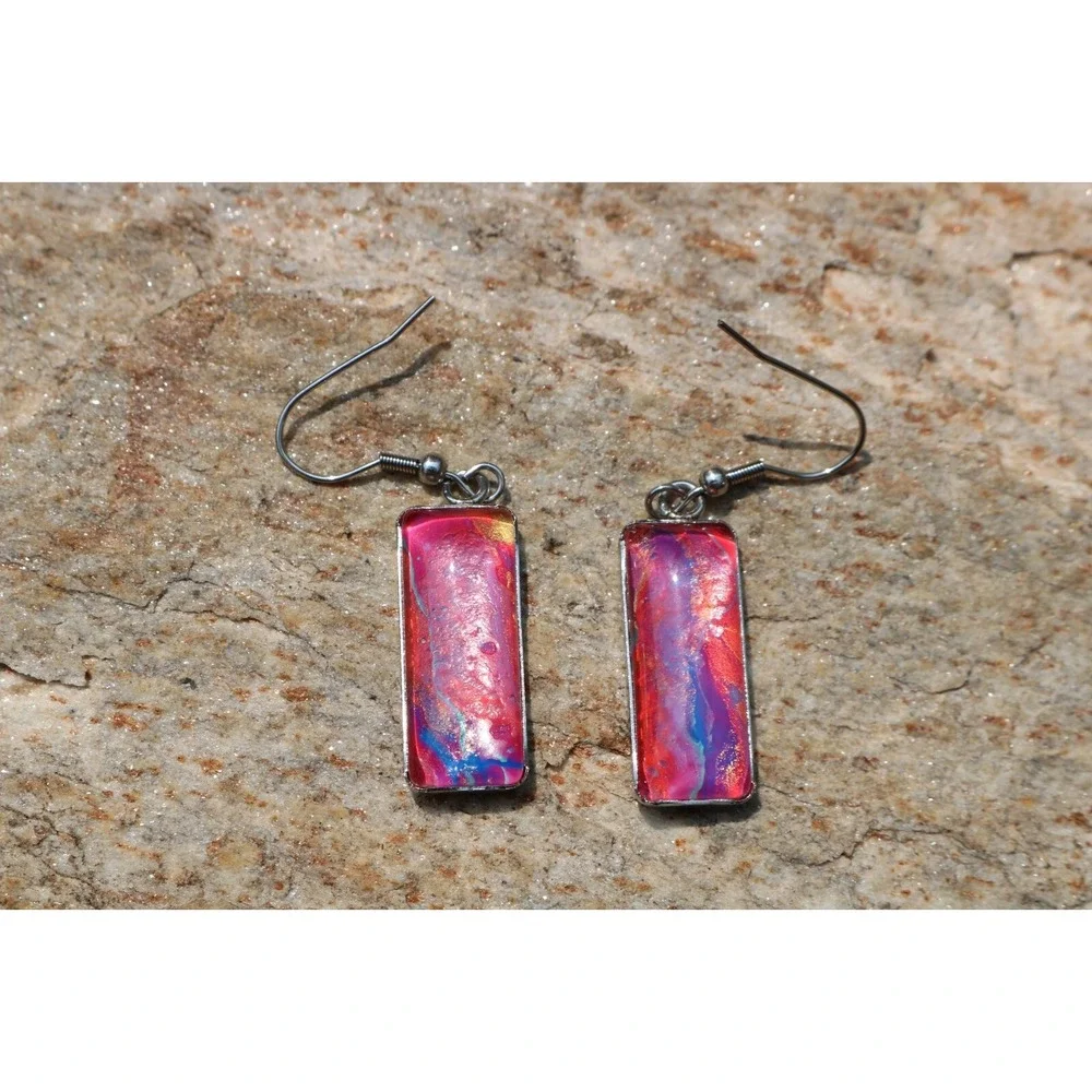 Handmade Earrings-Stainless Steel-Glass-Paint Drip-Paint Pour-Fluid Art